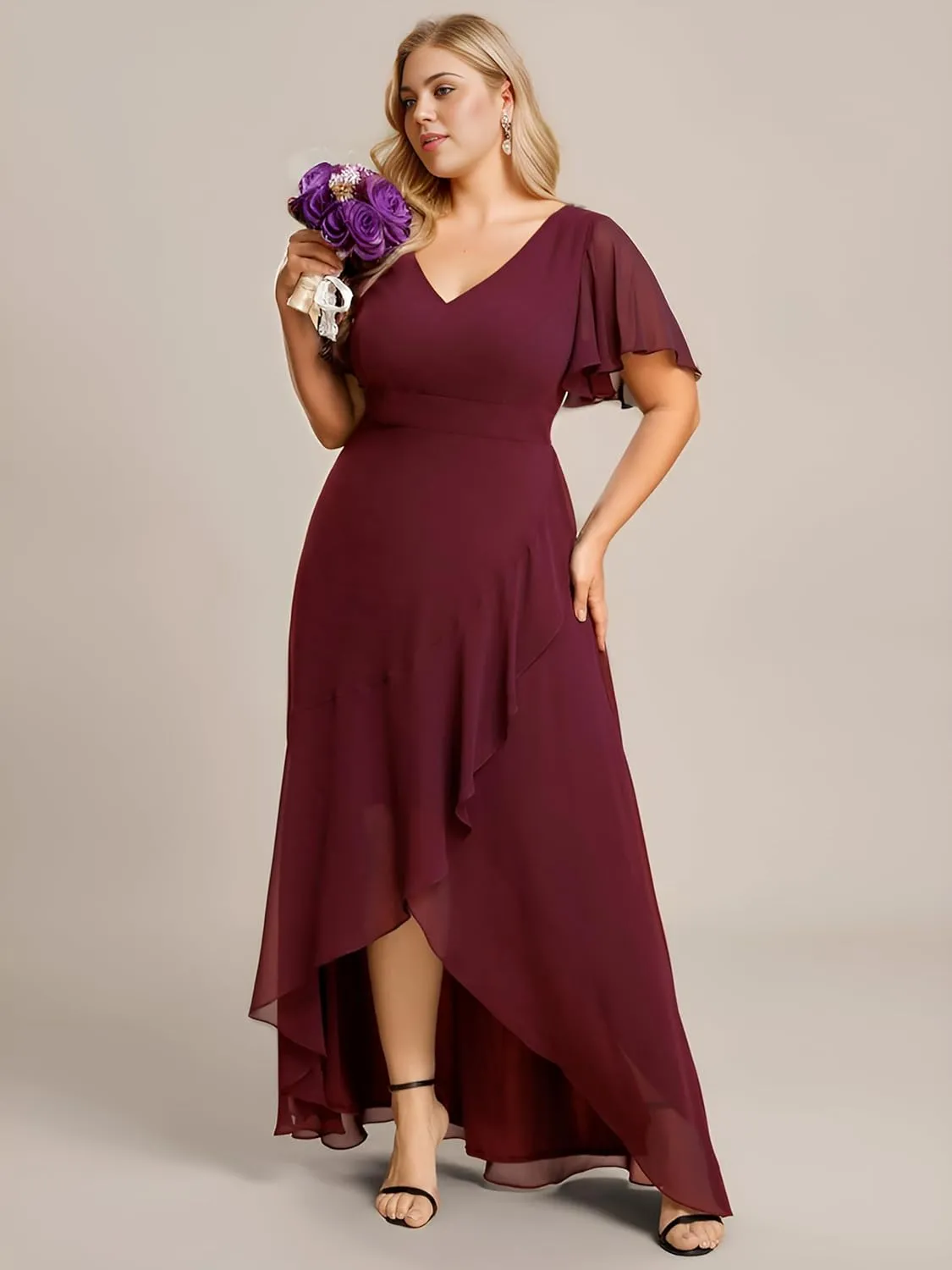 Ever-Pretty Women's Summer V Neck High Low Chiffon Plus Size Curvy Semi Formal Wedding Guest Dresses with Sleeves 1749-DAPH