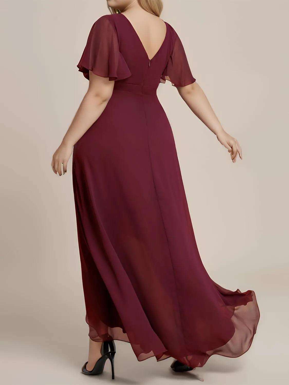 Ever-Pretty Women's Summer V Neck High Low Chiffon Plus Size Curvy Semi Formal Wedding Guest Dresses with Sleeves 1749-DAPH