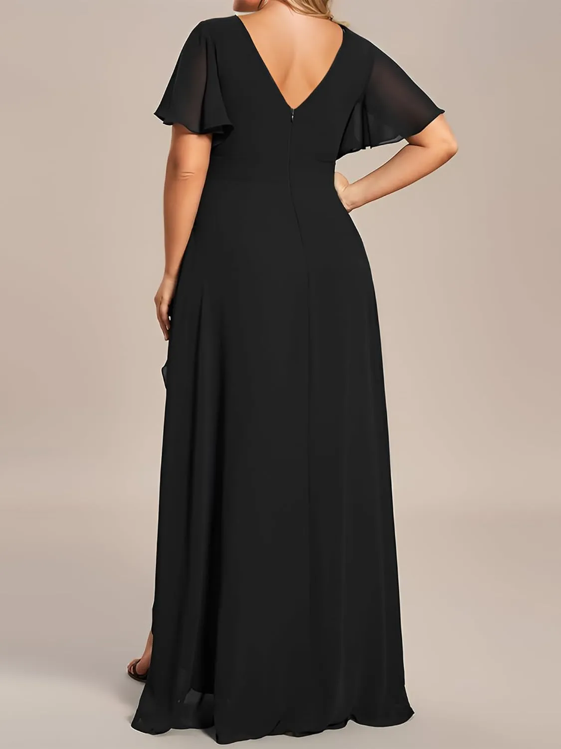 Ever-Pretty Women's Summer V Neck High Low Chiffon Plus Size Curvy Semi Formal Wedding Guest Dresses with Sleeves 1749-DAPH