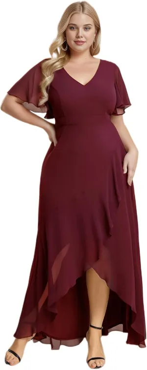 Ever-Pretty Women's Summer V Neck High Low Chiffon Plus Size Curvy Semi Formal Wedding Guest Dresses with Sleeves 1749-DAPH