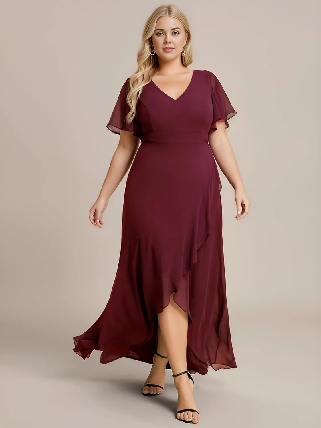 Ever-Pretty Women's Summer V Neck High Low Chiffon Plus Size Curvy Semi Formal Wedding Guest Dresses with Sleeves 1749-DAPH