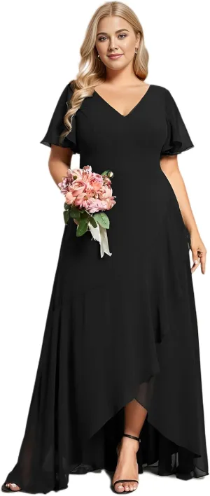 Ever-Pretty Women's Summer V Neck High Low Chiffon Plus Size Curvy Semi Formal Wedding Guest Dresses with Sleeves 1749-DAPH
