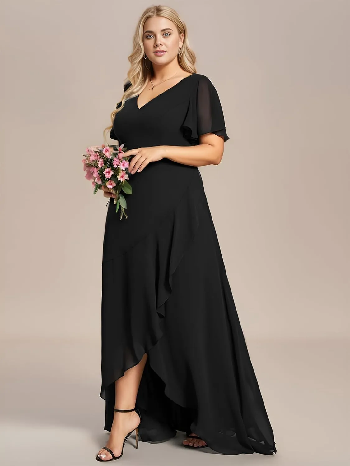 Ever-Pretty Women's Summer V Neck High Low Chiffon Plus Size Curvy Semi Formal Wedding Guest Dresses with Sleeves 1749-DAPH