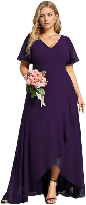 Ever-Pretty Women's Summer V Neck High Low Chiffon Plus Size Curvy Semi Formal Wedding Guest Dresses with Sleeves 1749-DAPH