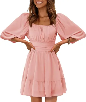 EXLURA Women's Lantern Sleeve Tie Back Summer Dress Ruffled Off Shoulder A-Line Vintage Mini Dress