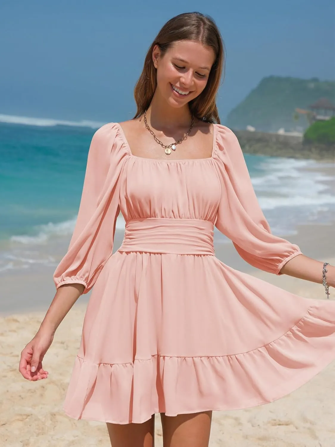 EXLURA Women's Lantern Sleeve Tie Back Summer Dress Ruffled Off Shoulder A-Line Vintage Mini Dress