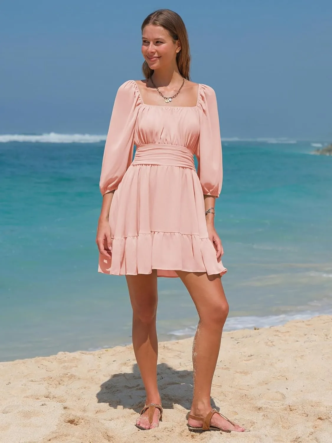 EXLURA Women's Lantern Sleeve Tie Back Summer Dress Ruffled Off Shoulder A-Line Vintage Mini Dress