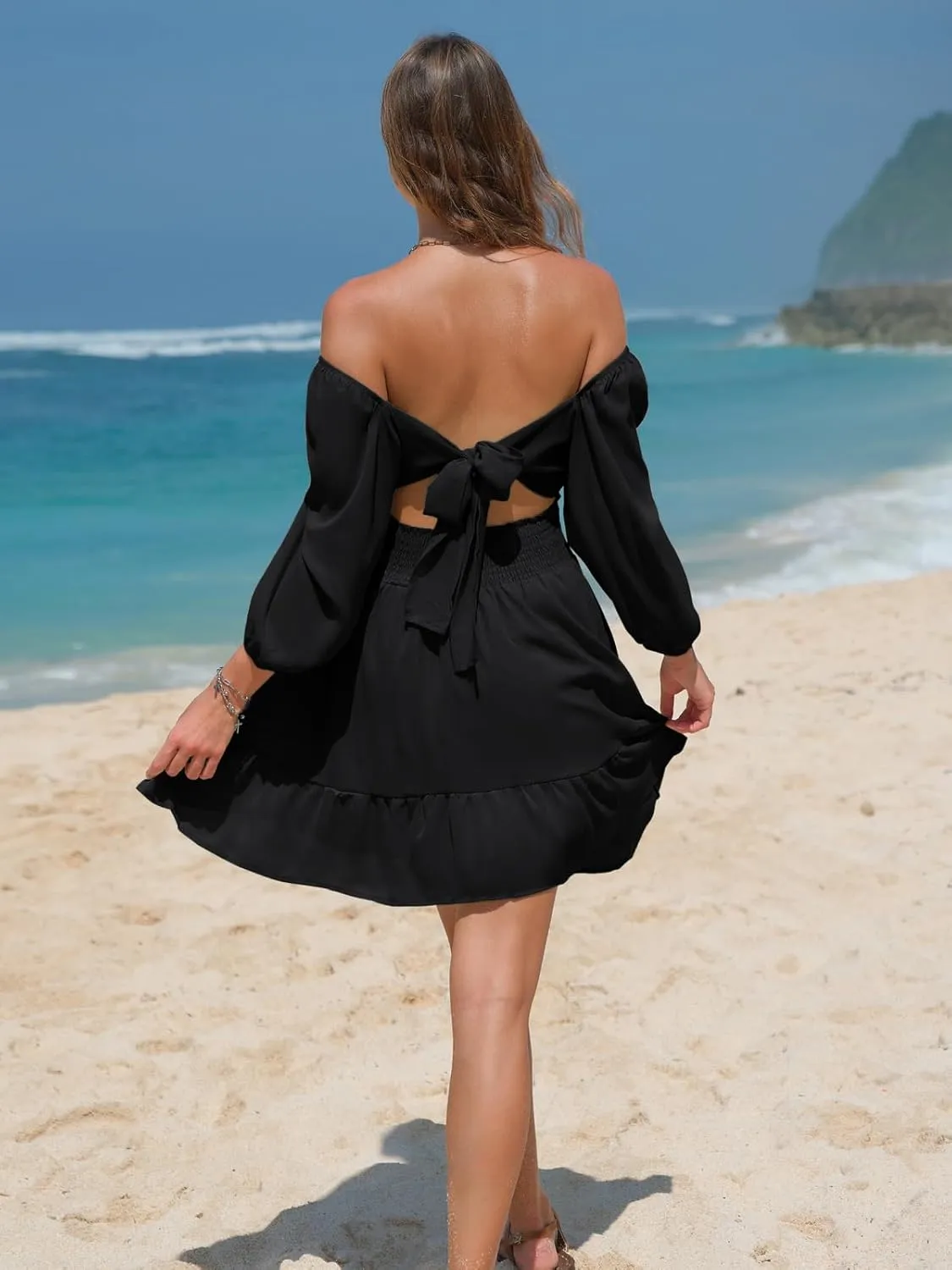 EXLURA Women's Lantern Sleeve Tie Back Summer Dress Ruffled Off Shoulder A-Line Vintage Mini Dress