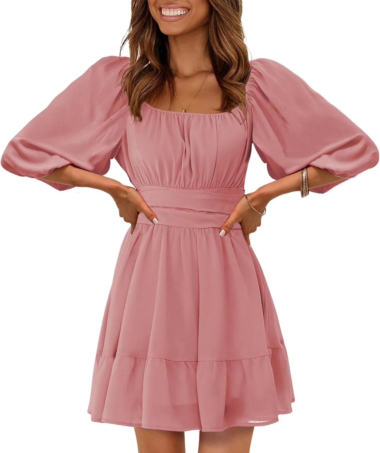 EXLURA Women's Lantern Sleeve Tie Back Summer Dress Ruffled Off Shoulder A-Line Vintage Mini Dress
