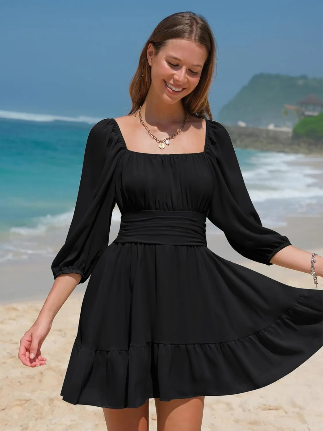 EXLURA Women's Lantern Sleeve Tie Back Summer Dress Ruffled Off Shoulder A-Line Vintage Mini Dress