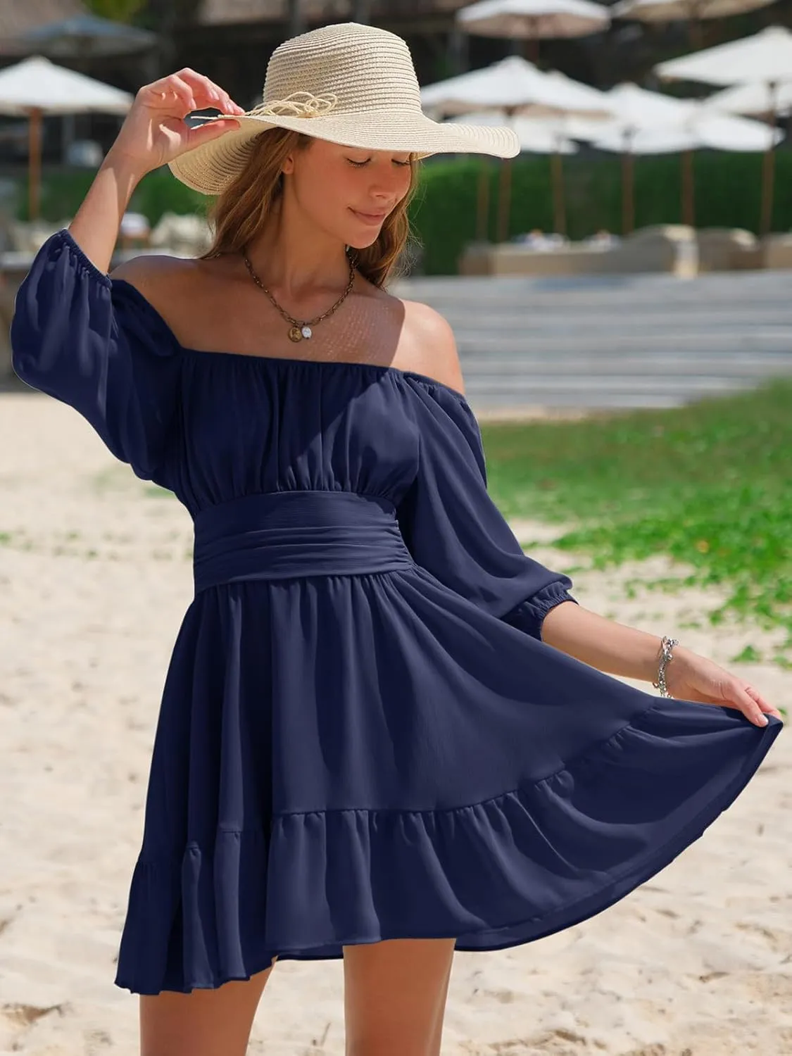 EXLURA Women's Lantern Sleeve Tie Back Summer Dress Ruffled Off Shoulder A-Line Vintage Mini Dress
