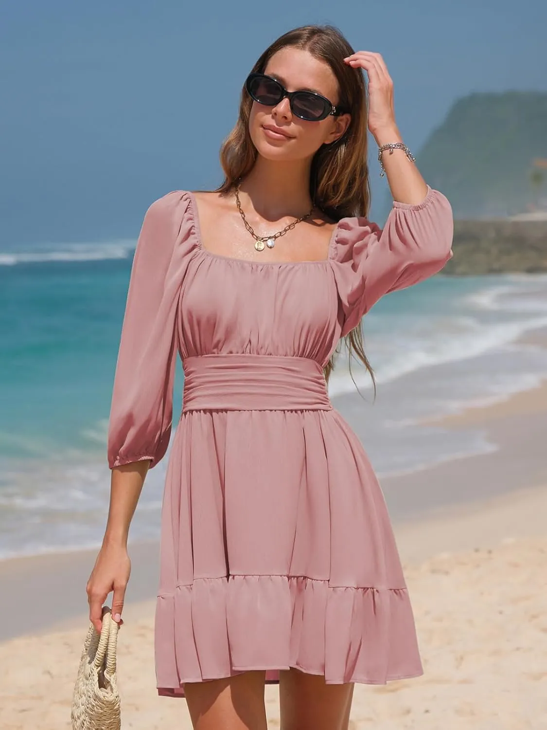 EXLURA Women's Lantern Sleeve Tie Back Summer Dress Ruffled Off Shoulder A-Line Vintage Mini Dress