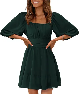 EXLURA Women's Lantern Sleeve Tie Back Summer Dress Ruffled Off Shoulder A-Line Vintage Mini Dress