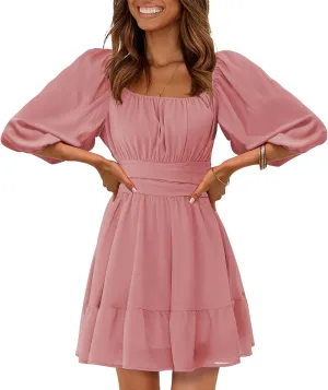 EXLURA Women's Lantern Sleeve Tie Back Summer Dress Ruffled Off Shoulder A-Line Vintage Mini Dress