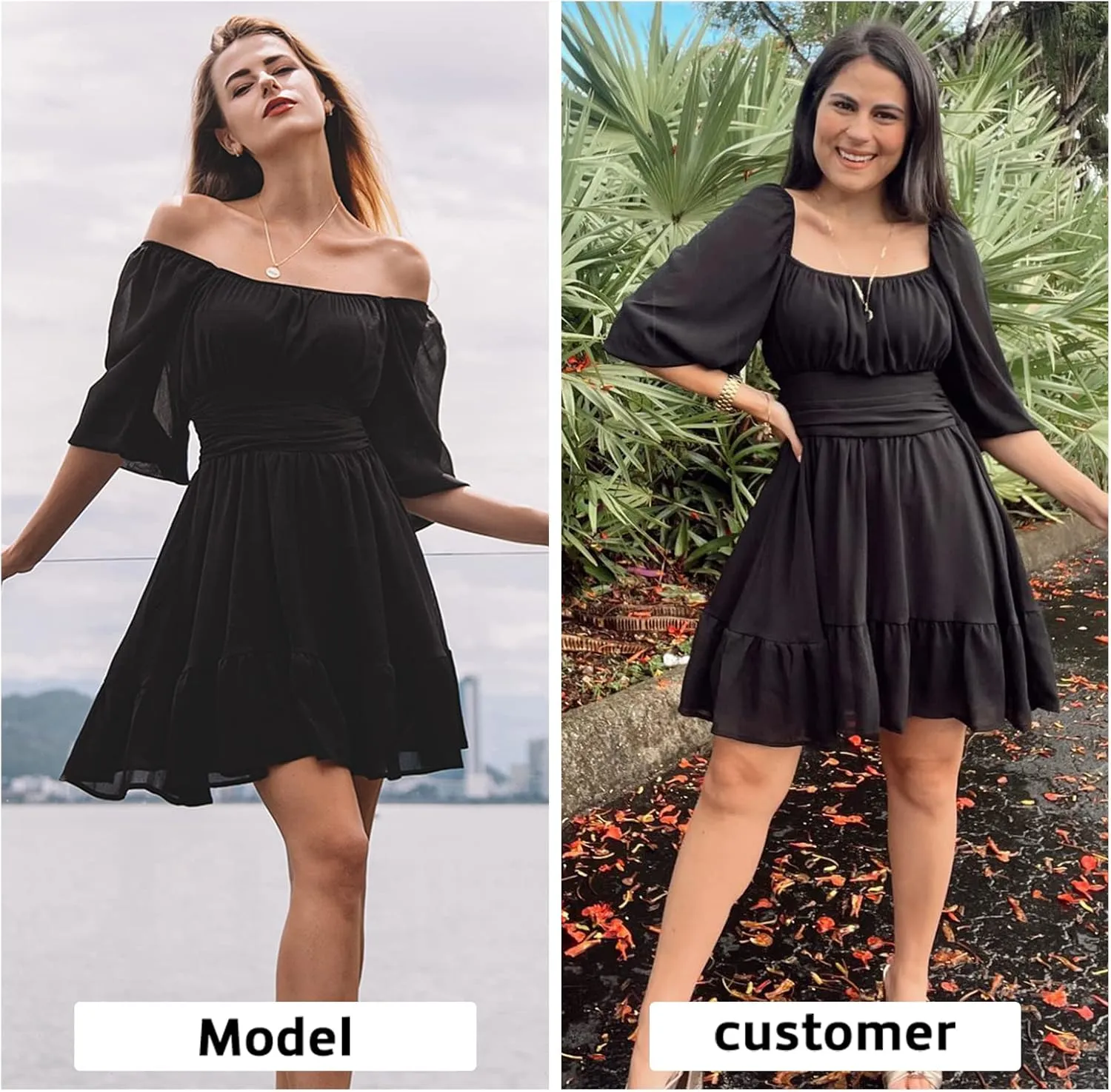 EXLURA Women's Lantern Sleeve Tie Back Summer Dress Ruffled Off Shoulder A-Line Vintage Mini Dress
