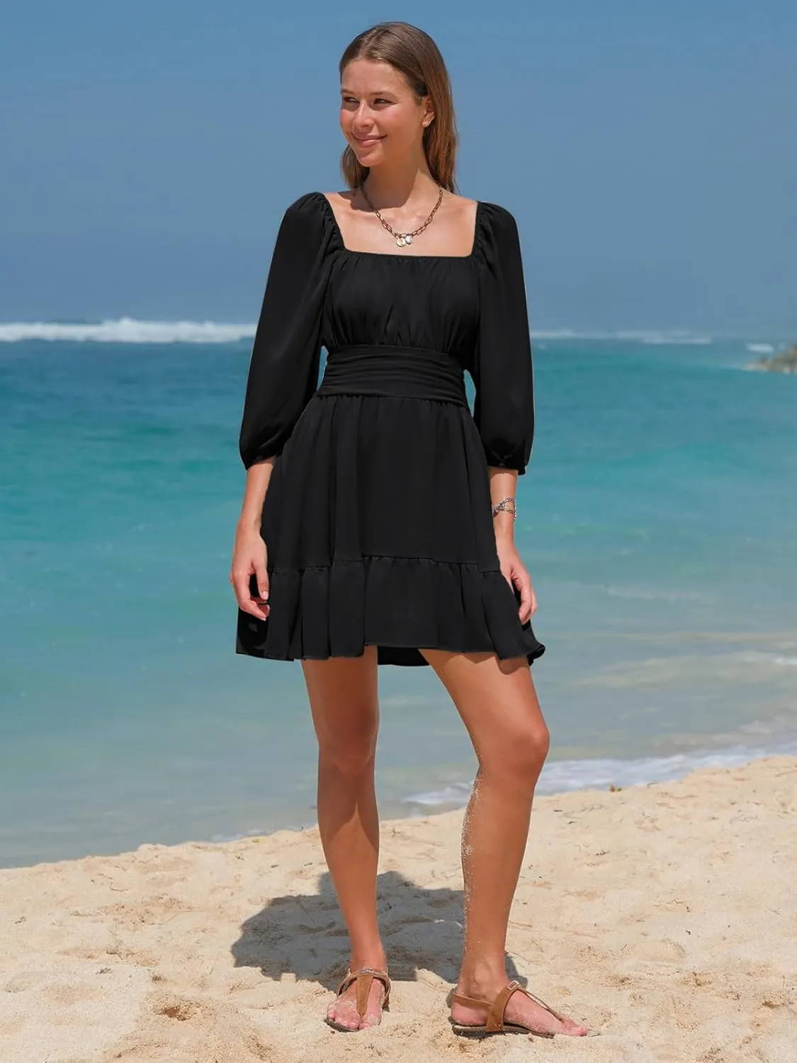EXLURA Women's Lantern Sleeve Tie Back Summer Dress Ruffled Off Shoulder A-Line Vintage Mini Dress