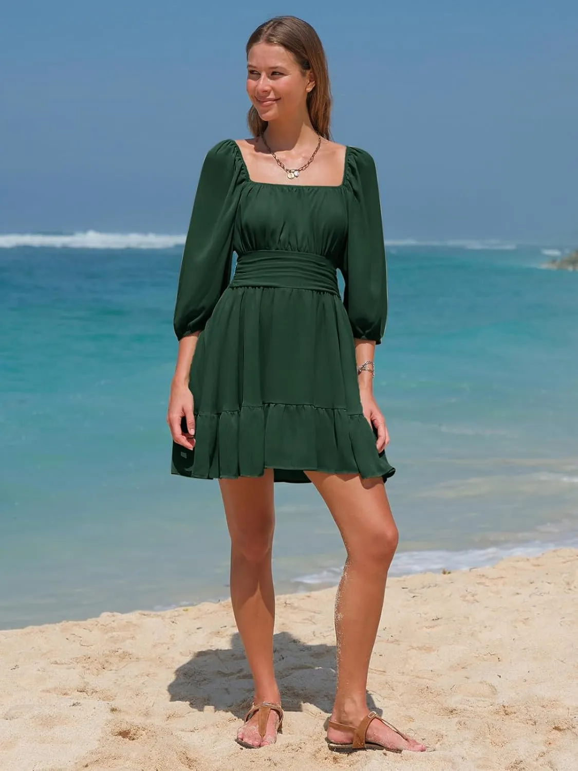 EXLURA Women's Lantern Sleeve Tie Back Summer Dress Ruffled Off Shoulder A-Line Vintage Mini Dress