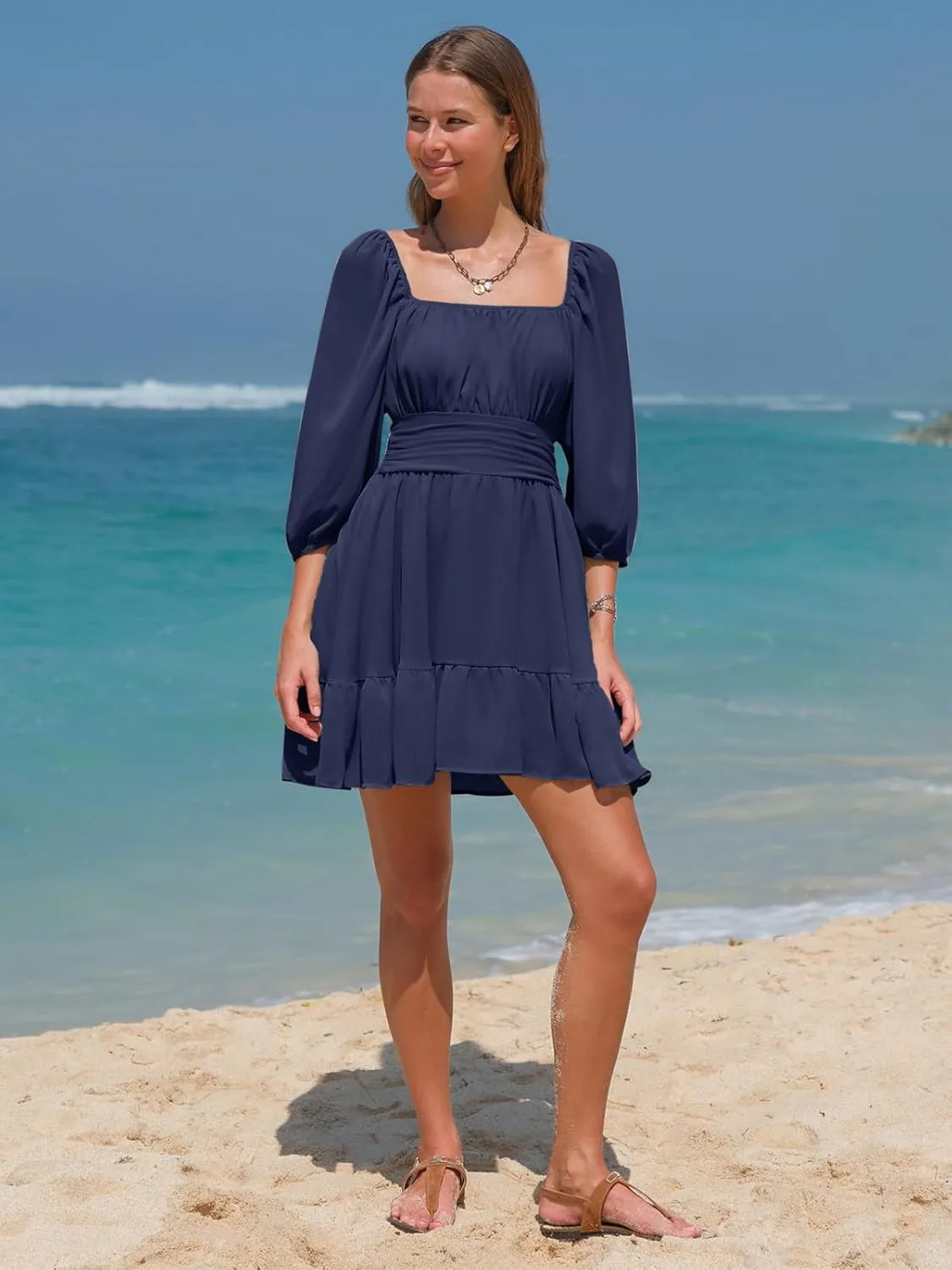 EXLURA Women's Lantern Sleeve Tie Back Summer Dress Ruffled Off Shoulder A-Line Vintage Mini Dress