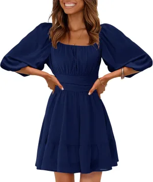 EXLURA Women's Lantern Sleeve Tie Back Summer Dress Ruffled Off Shoulder A-Line Vintage Mini Dress