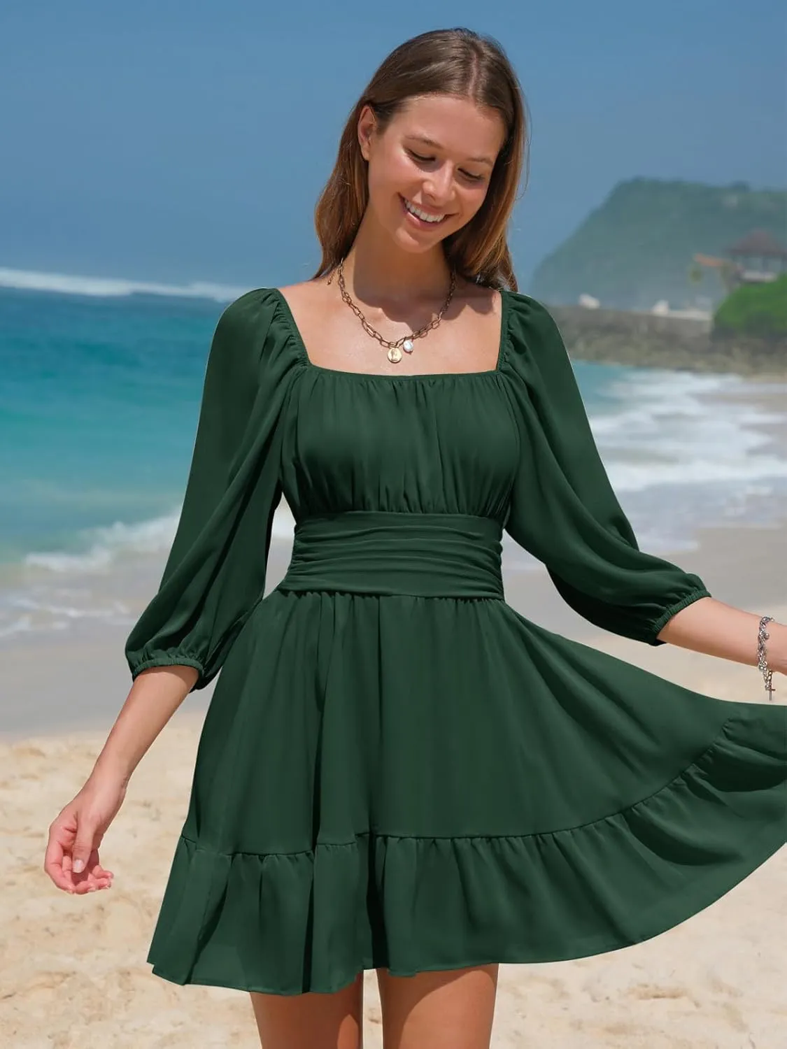 EXLURA Women's Lantern Sleeve Tie Back Summer Dress Ruffled Off Shoulder A-Line Vintage Mini Dress