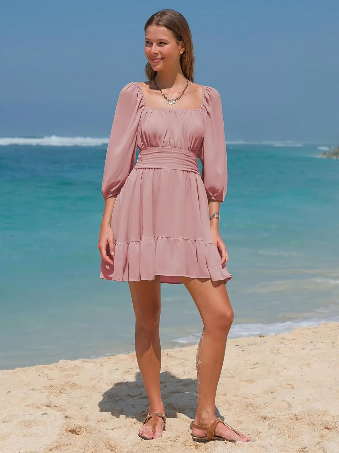 EXLURA Women's Lantern Sleeve Tie Back Summer Dress Ruffled Off Shoulder A-Line Vintage Mini Dress