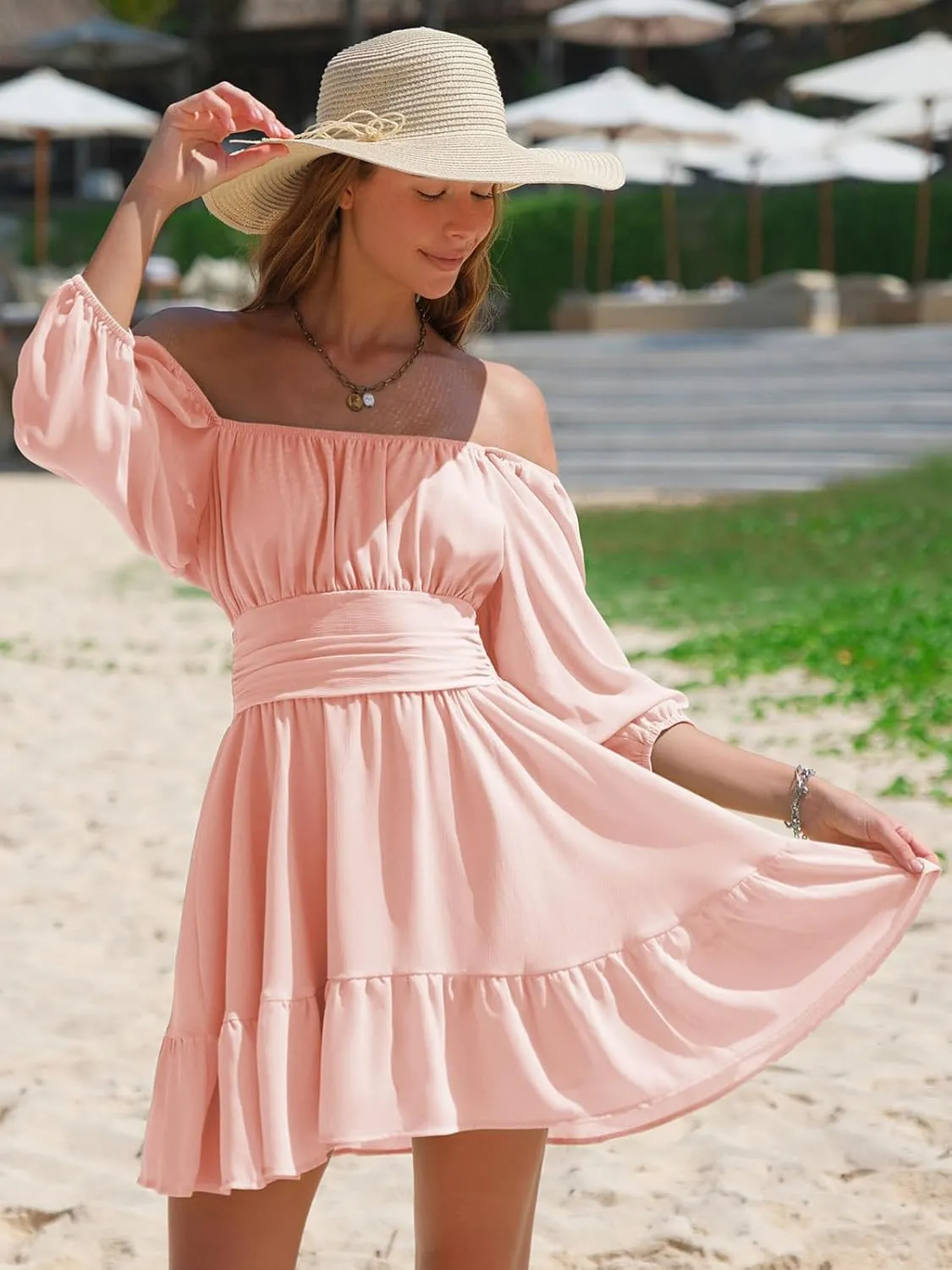 EXLURA Women's Lantern Sleeve Tie Back Summer Dress Ruffled Off Shoulder A-Line Vintage Mini Dress