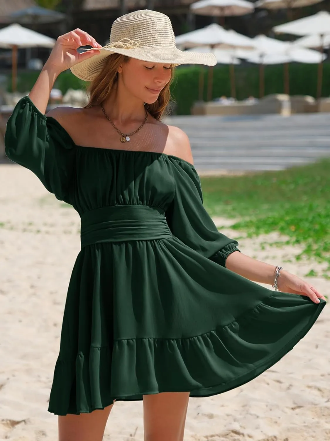 EXLURA Women's Lantern Sleeve Tie Back Summer Dress Ruffled Off Shoulder A-Line Vintage Mini Dress