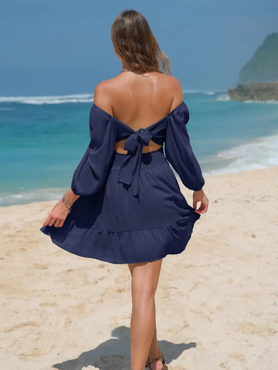 EXLURA Women's Lantern Sleeve Tie Back Summer Dress Ruffled Off Shoulder A-Line Vintage Mini Dress