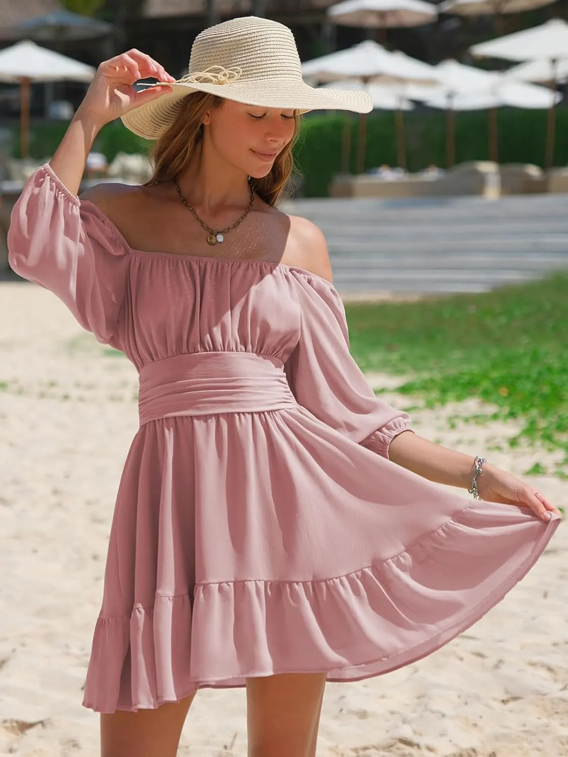 EXLURA Women's Lantern Sleeve Tie Back Summer Dress Ruffled Off Shoulder A-Line Vintage Mini Dress