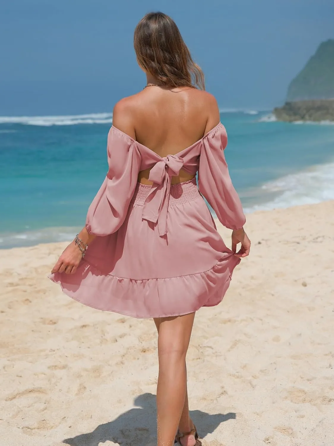 EXLURA Women's Lantern Sleeve Tie Back Summer Dress Ruffled Off Shoulder A-Line Vintage Mini Dress