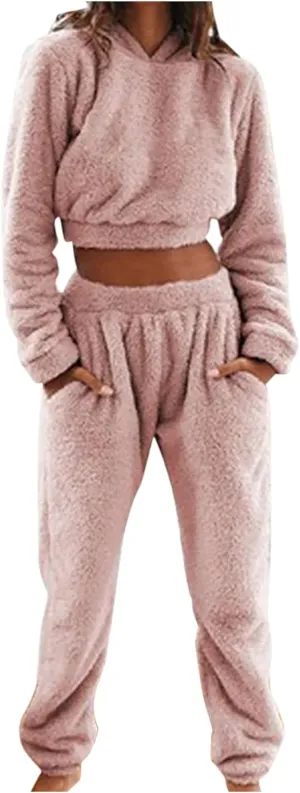 Fall Winter Outfits for Women 2 Piece Home Lounge Wear Sets Clothes Flannel Coral Velvet Pajama Tops and Pants