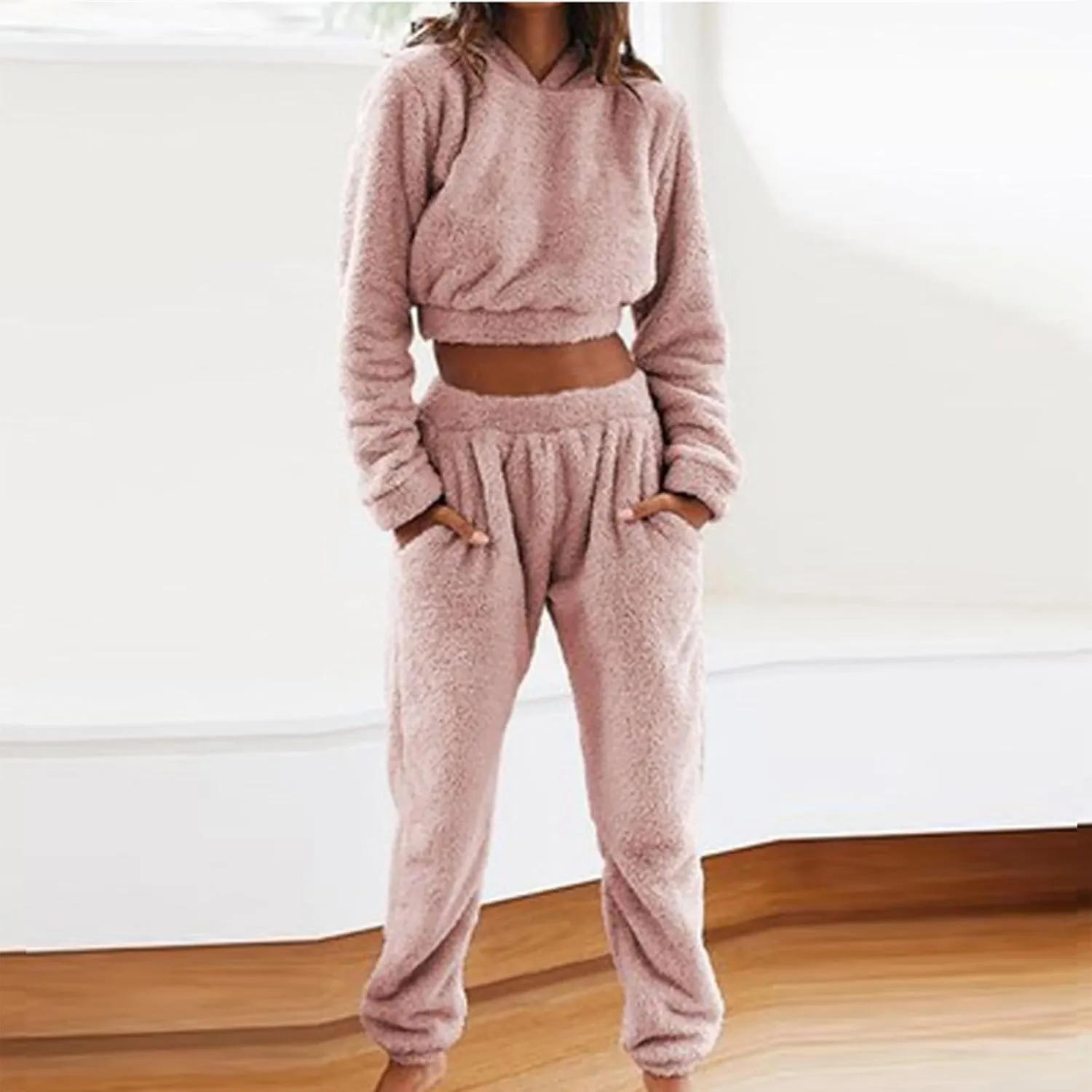 Fall Winter Outfits for Women 2 Piece Home Lounge Wear Sets Clothes Flannel Coral Velvet Pajama Tops and Pants