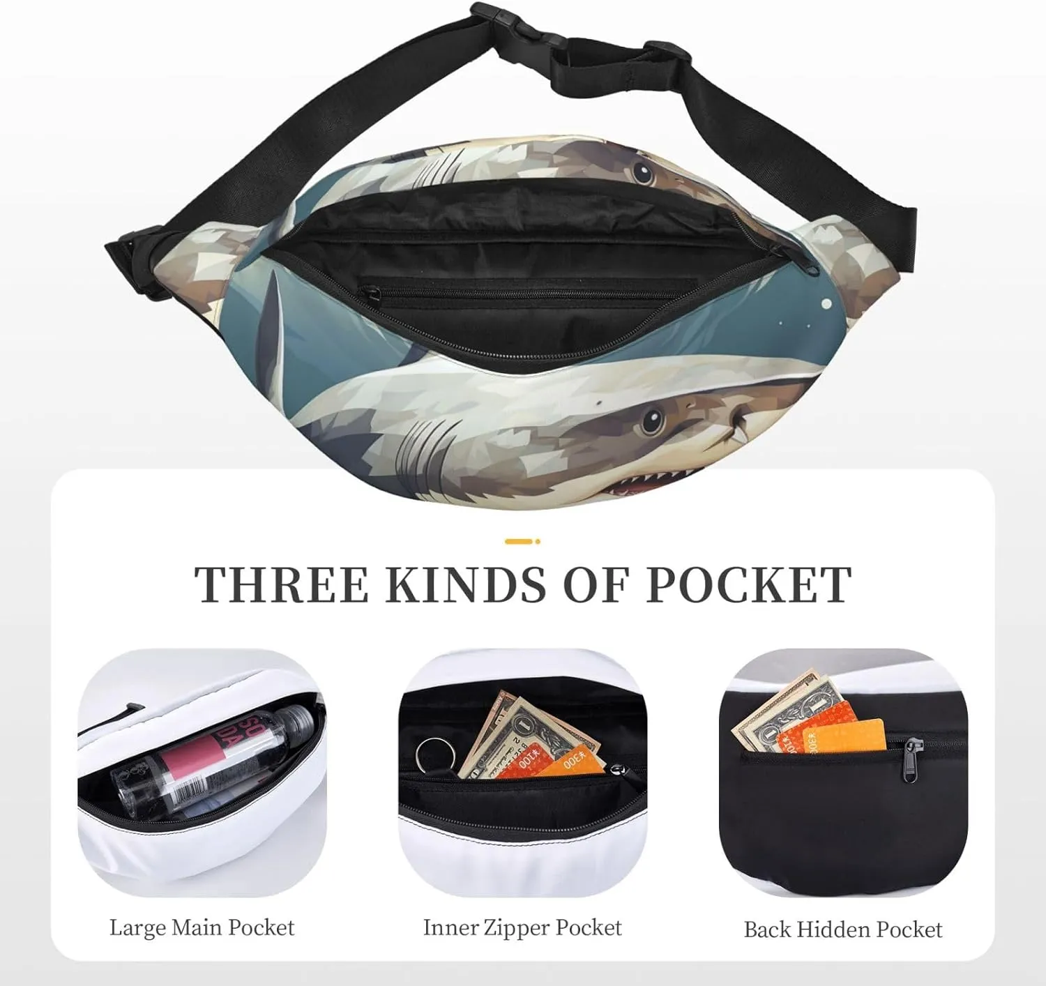 Fanny Pack Minimalist Style Shark Waist Pack For Women Men Waterproof Belt Bag With Adjustable Belt Casual Crossbody Bag Travel Waist Bag For Sports Running Cycling