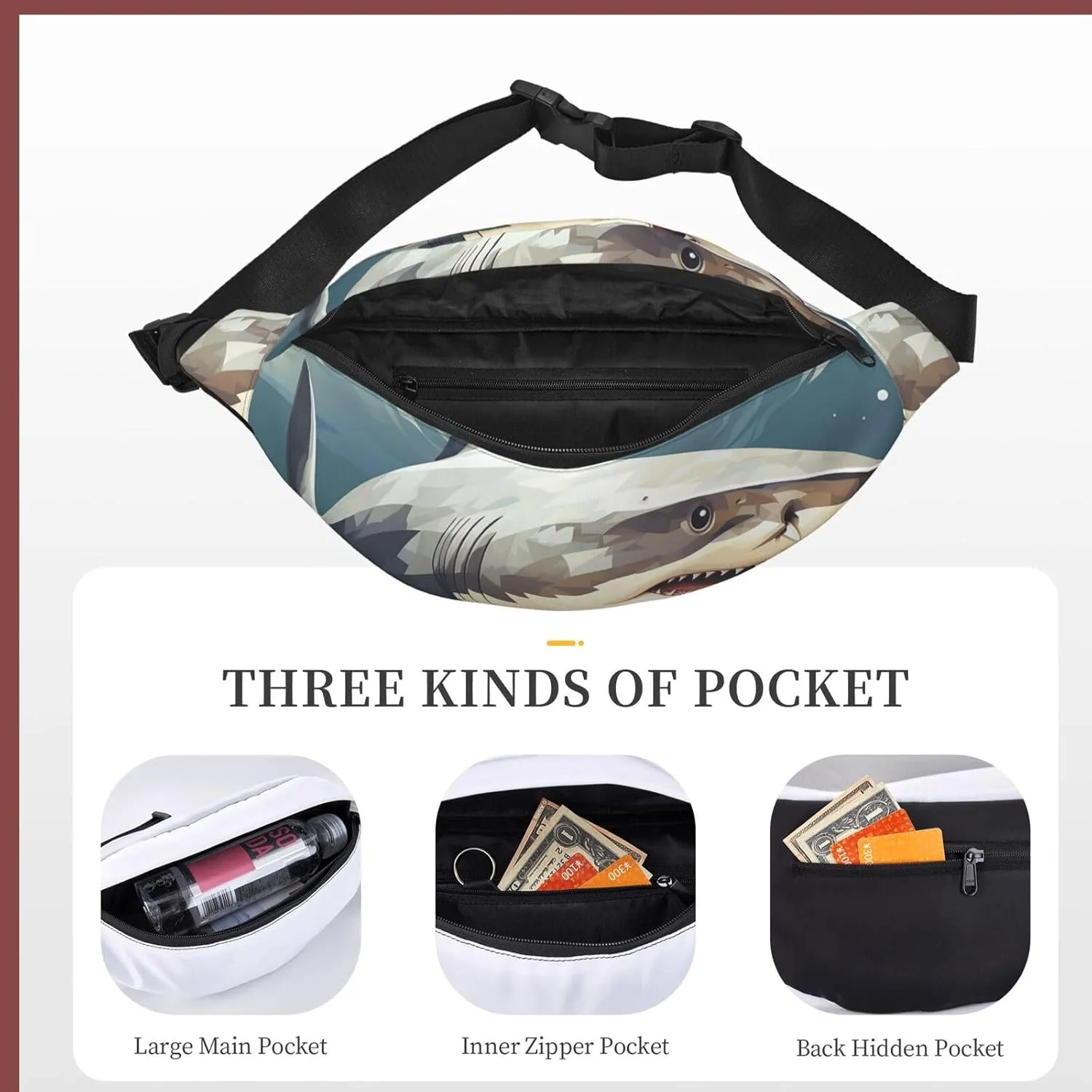 Fanny Pack Minimalist Style Shark Waist Pack For Women Men Waterproof Belt Bag With Adjustable Belt Casual Crossbody Bag Travel Waist Bag For Sports Running Cycling