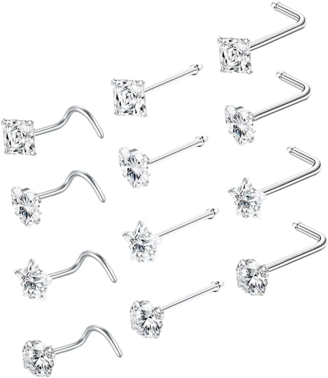 Fashion Nose Studs Set 12 Pcs Nose Piercing Jewelry Cubic Zirconia Nose Rings for Women