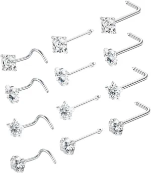 Fashion Nose Studs Set 12 Pcs Nose Piercing Jewelry Cubic Zirconia Nose Rings for Women