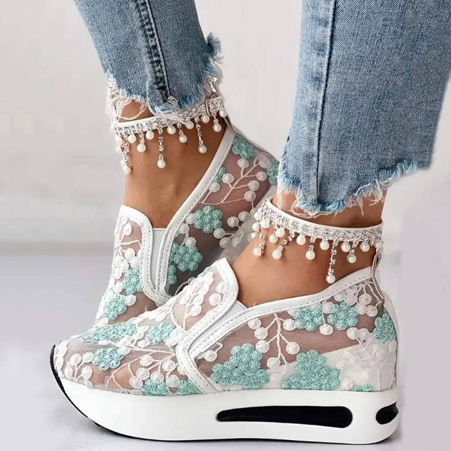 Fashion Sneakers for Women 2025, Floral Embroidery Breathable Sheer Mesh Lace Slip on Platform Wedges Dressy Casual Walking Shoes