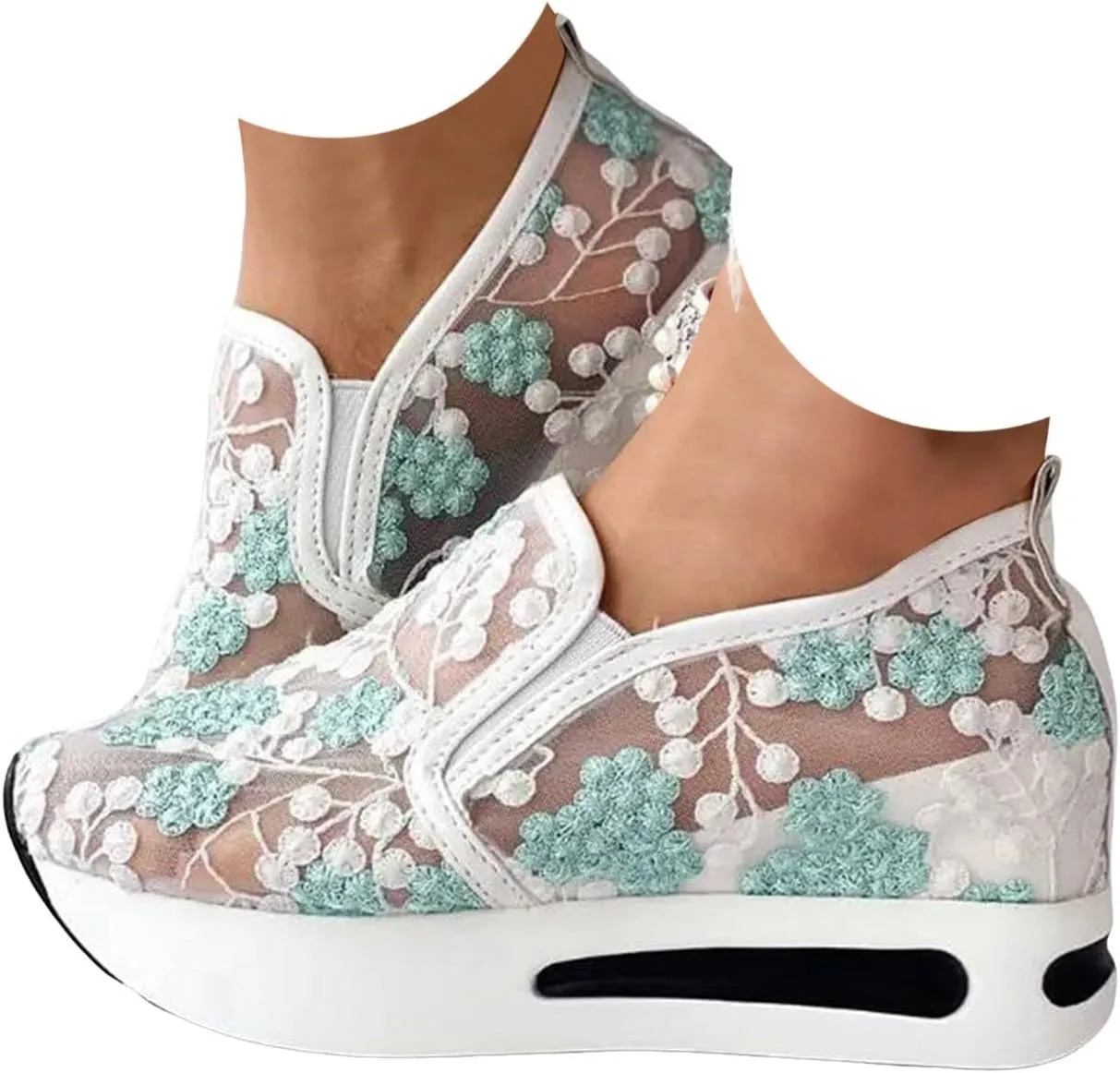 Fashion Sneakers for Women 2025, Floral Embroidery Breathable Sheer Mesh Lace Slip on Platform Wedges Dressy Casual Walking Shoes