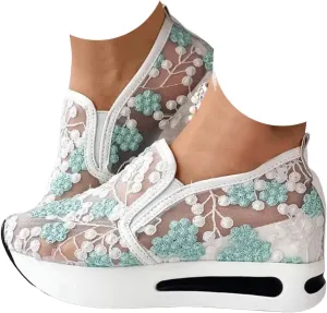 Fashion Sneakers for Women 2025, Floral Embroidery Breathable Sheer Mesh Lace Slip on Platform Wedges Dressy Casual Walking Shoes
