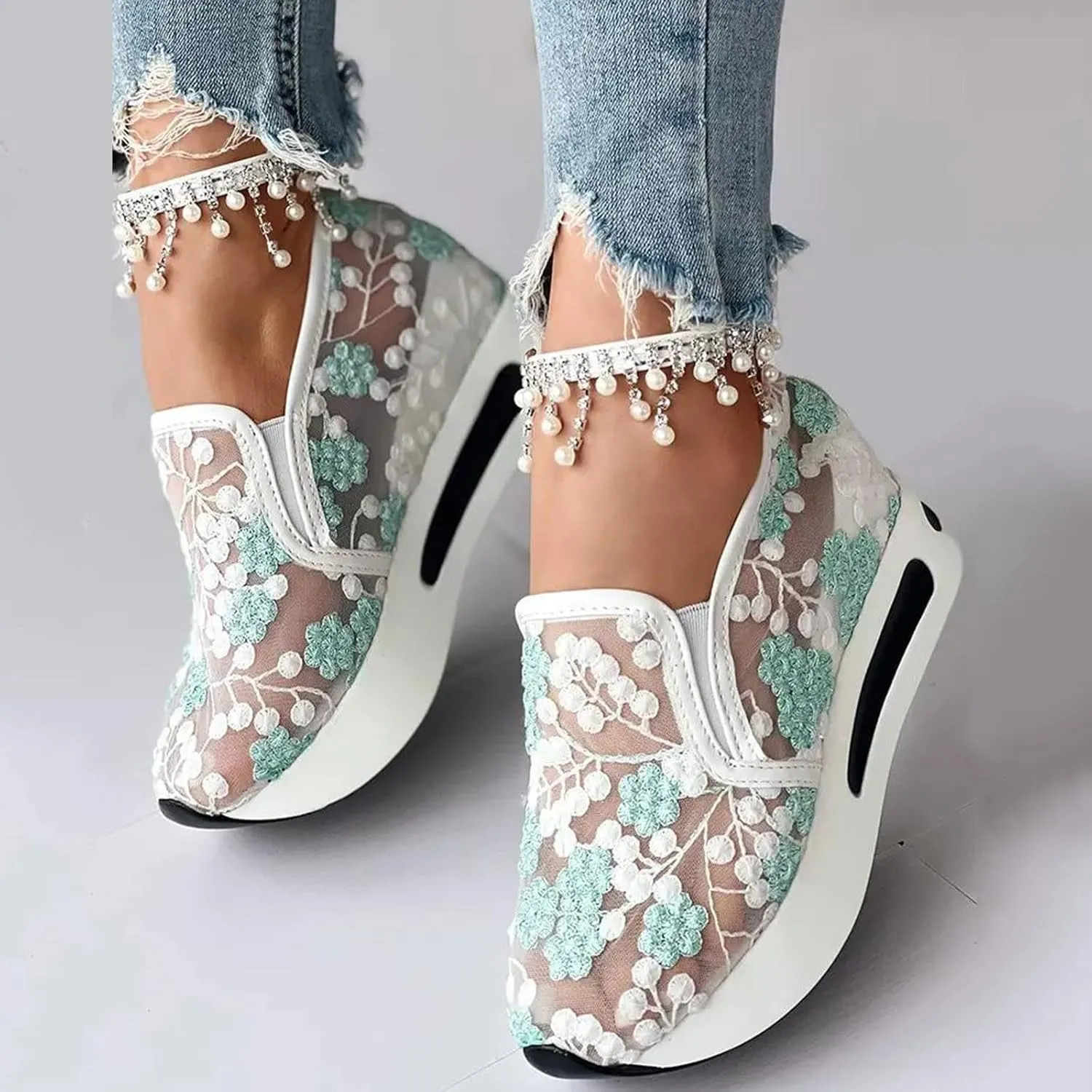 Fashion Sneakers for Women 2025, Floral Embroidery Breathable Sheer Mesh Lace Slip on Platform Wedges Dressy Casual Walking Shoes