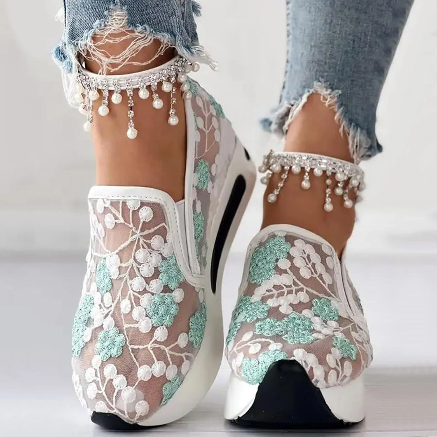 Fashion Sneakers for Women 2025, Floral Embroidery Breathable Sheer Mesh Lace Slip on Platform Wedges Dressy Casual Walking Shoes