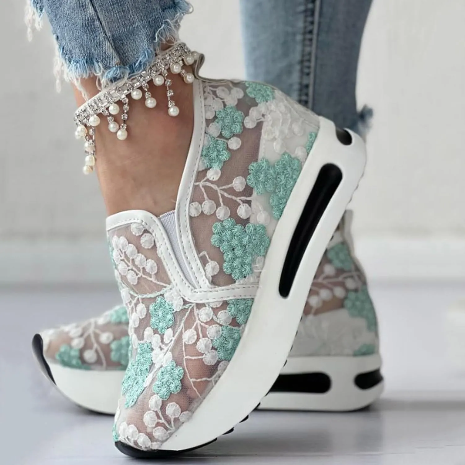 Fashion Sneakers for Women 2025, Floral Embroidery Breathable Sheer Mesh Lace Slip on Platform Wedges Dressy Casual Walking Shoes