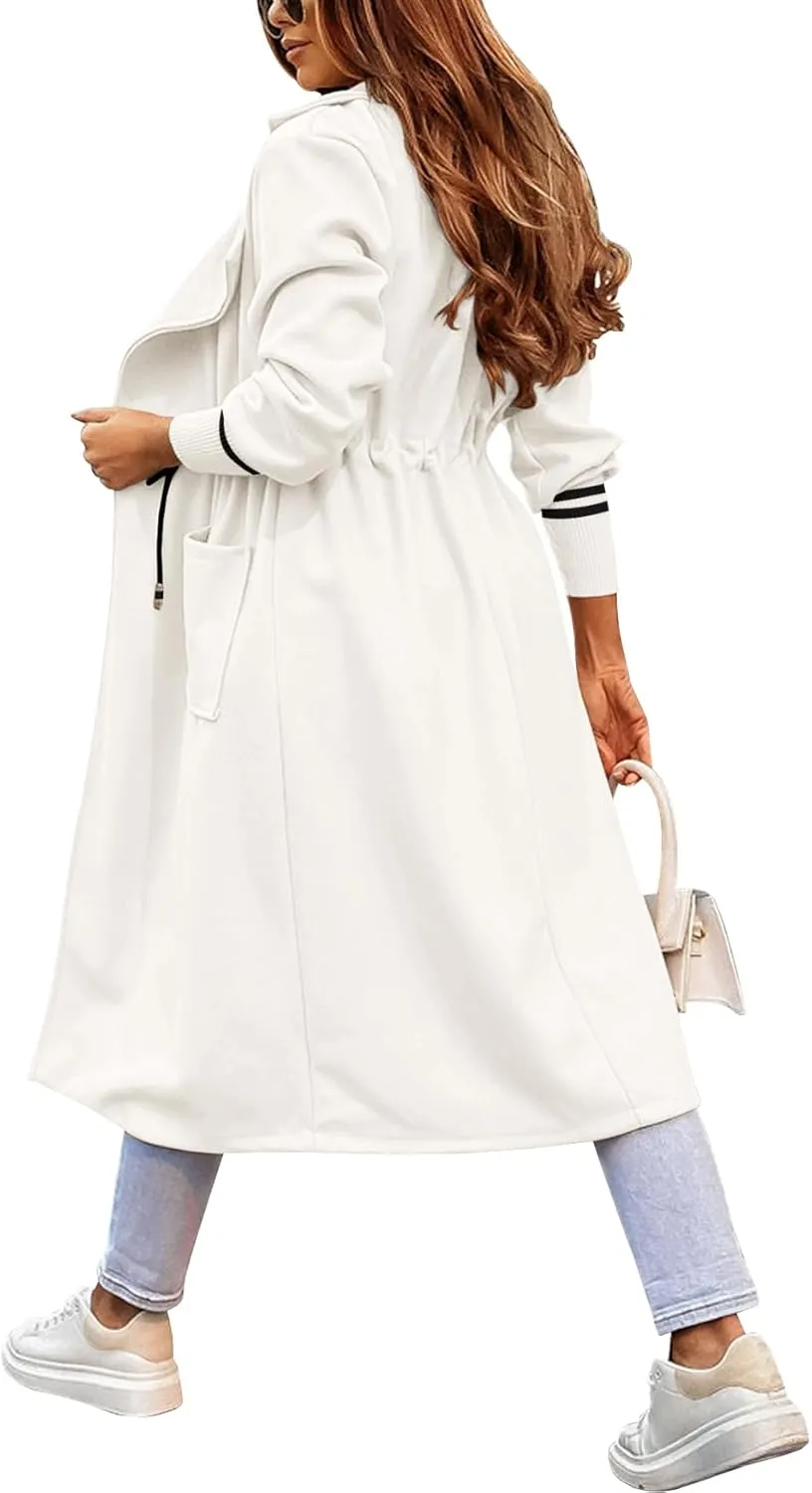 Fazortev Women Coat Pocket Casual Drawstring Waist Open Front Classic Lapel Overcoat