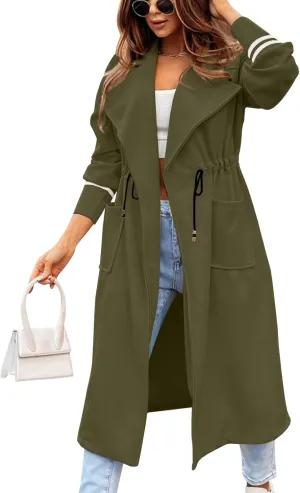 Fazortev Women Coat Pocket Casual Drawstring Waist Open Front Classic Lapel Overcoat