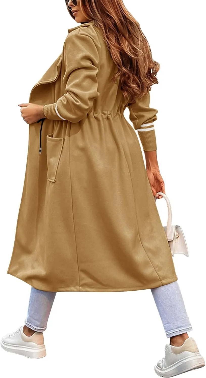 Fazortev Women Coat Pocket Casual Drawstring Waist Open Front Classic Lapel Overcoat