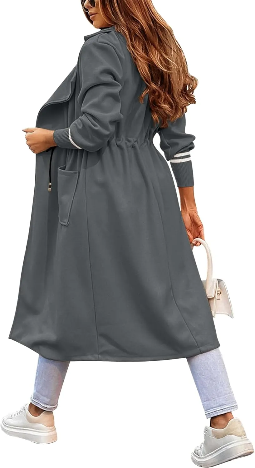 Fazortev Women Coat Pocket Casual Drawstring Waist Open Front Classic Lapel Overcoat