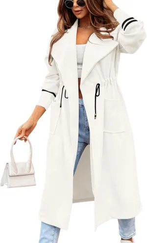 Fazortev Women Coat Pocket Casual Drawstring Waist Open Front Classic Lapel Overcoat