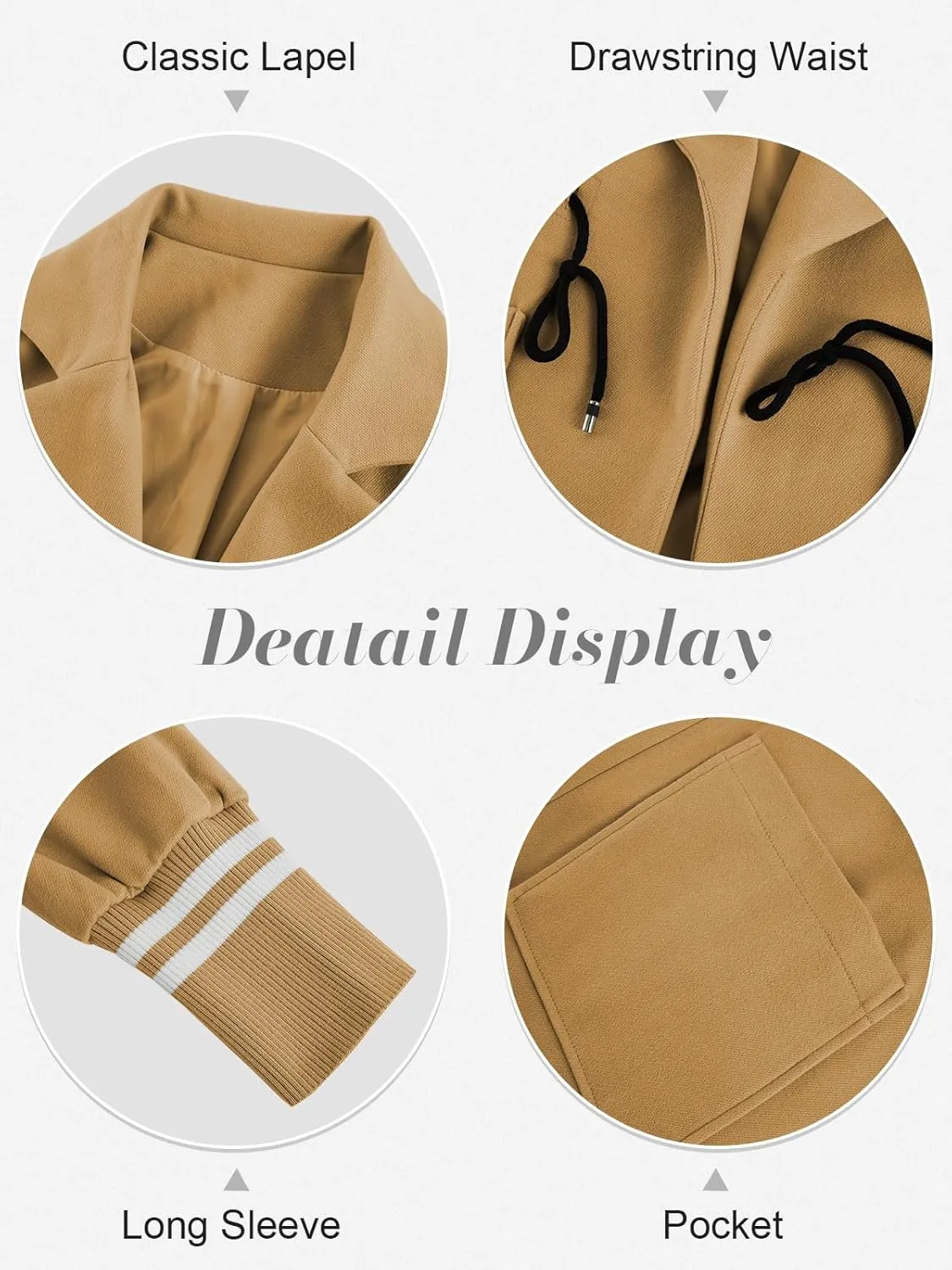 Fazortev Women Coat Pocket Casual Drawstring Waist Open Front Classic Lapel Overcoat