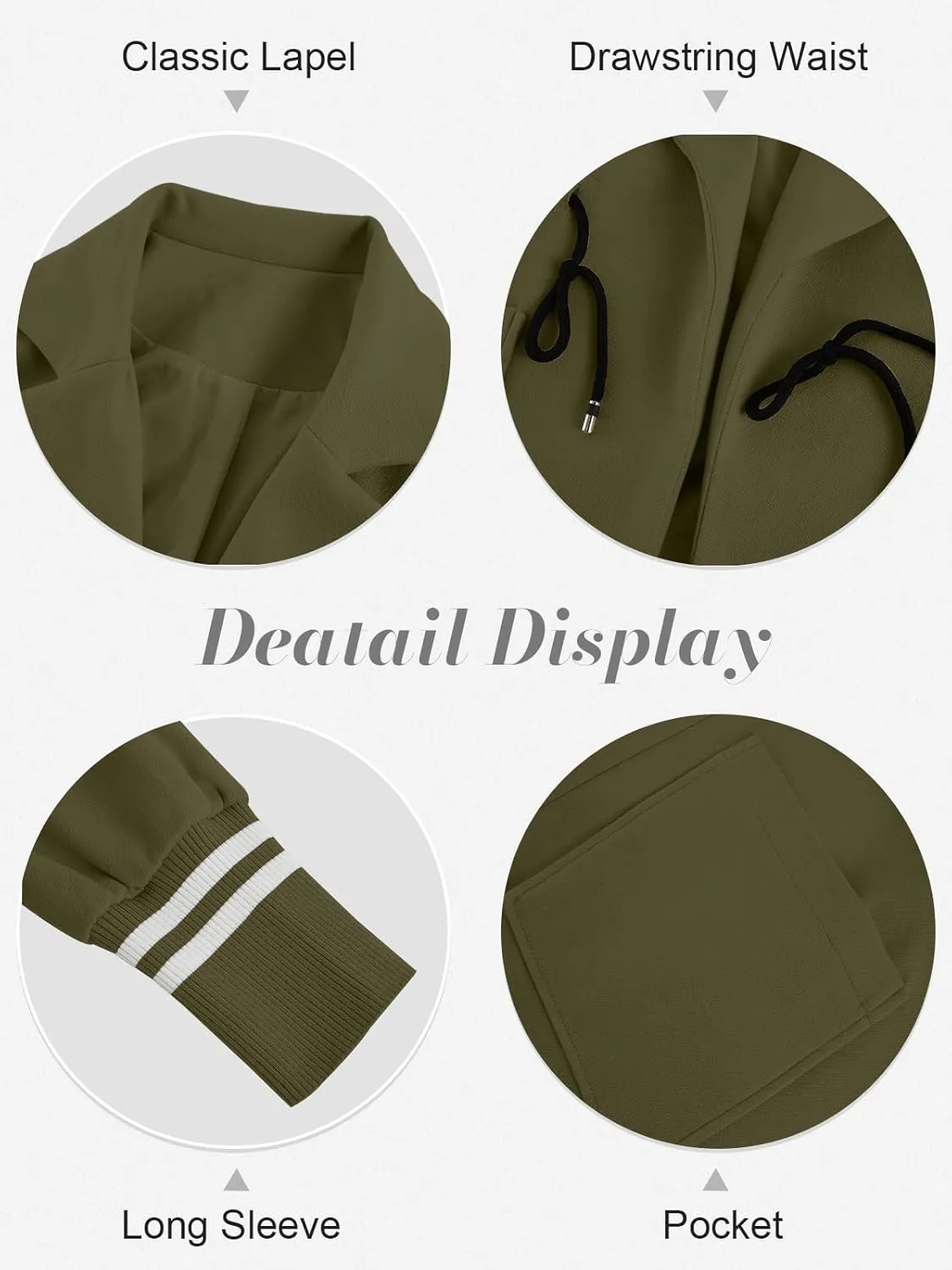Fazortev Women Coat Pocket Casual Drawstring Waist Open Front Classic Lapel Overcoat