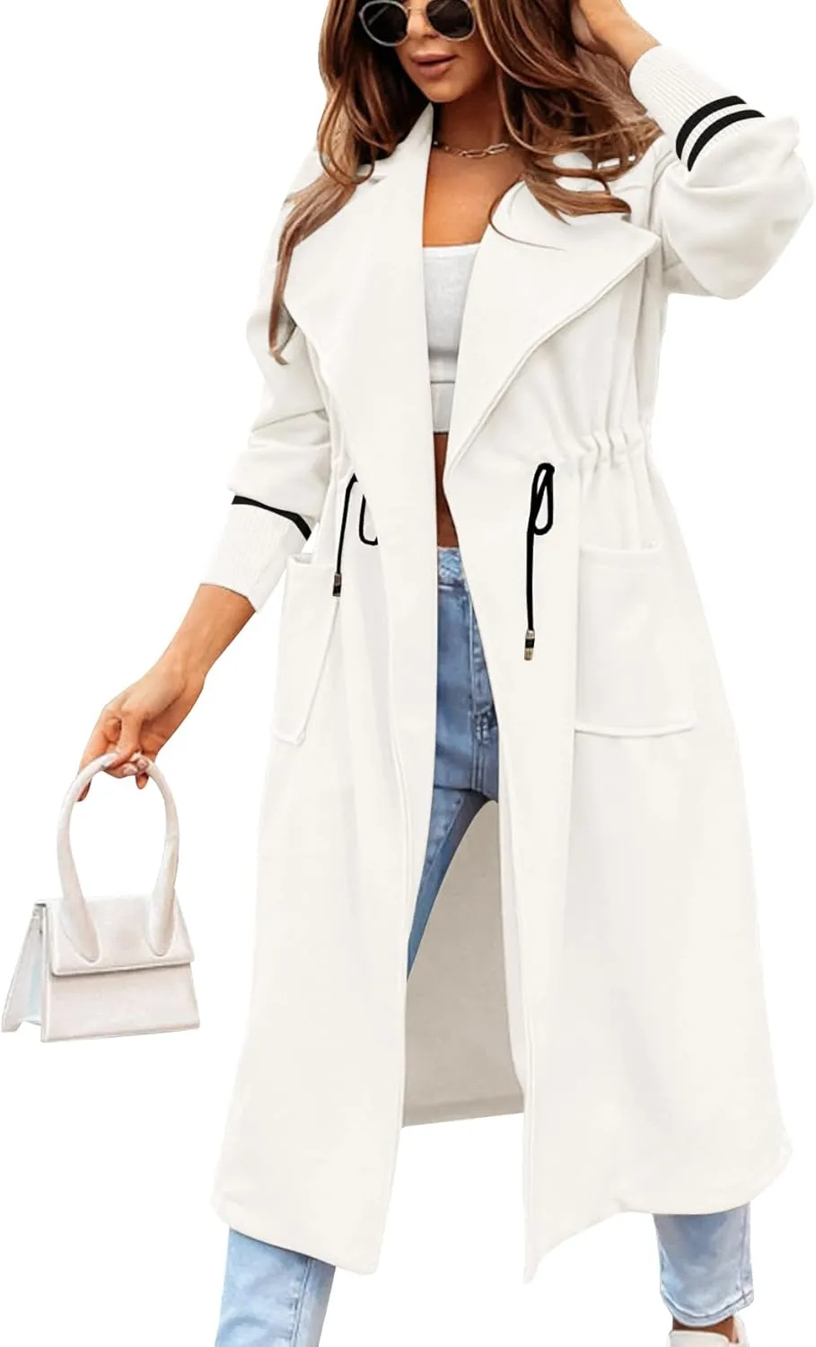 Fazortev Women Coat Pocket Casual Drawstring Waist Open Front Classic Lapel Overcoat